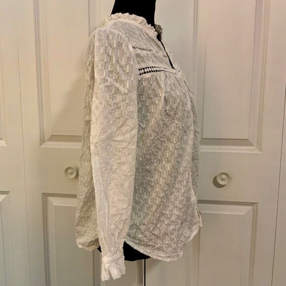 Loft White Cotton V Neck Long Sleeve Ruffle Trim Top Small - Picture 8 of 11